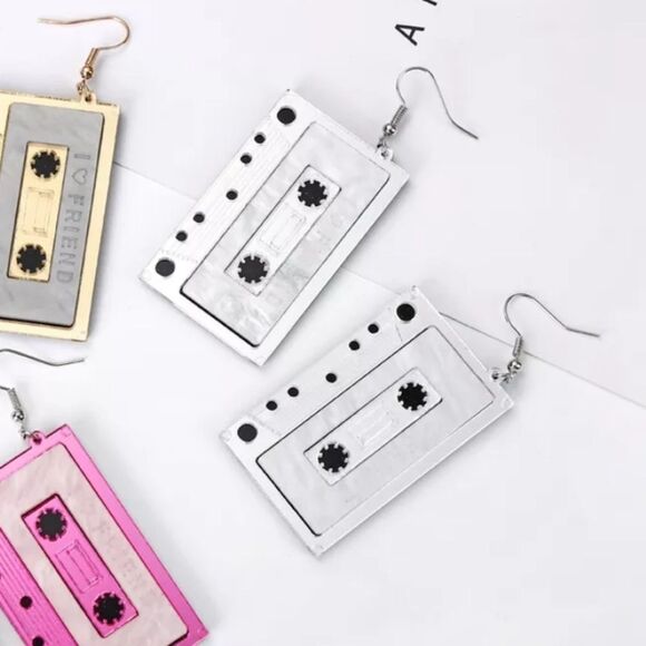 NWOT Mirrored Casette Tape Earrinngs - Silver - Picture 2 of 3